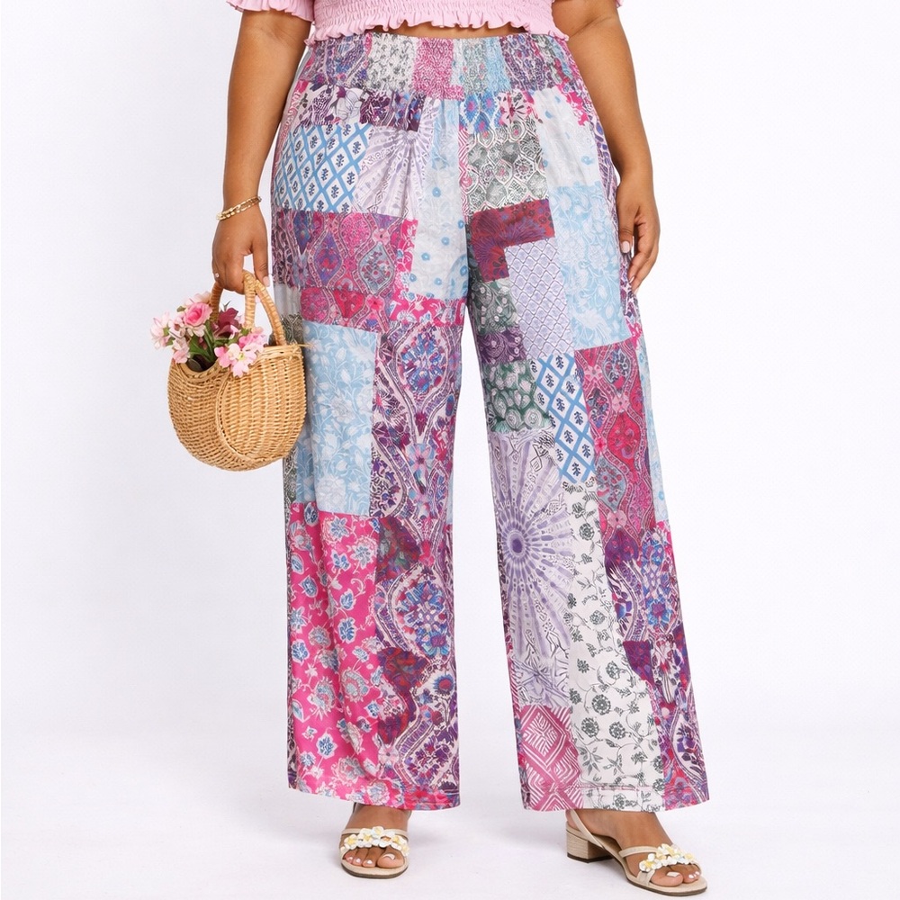 Boho Patchwork Wide-Leg Pants - Pink Multi - image 2